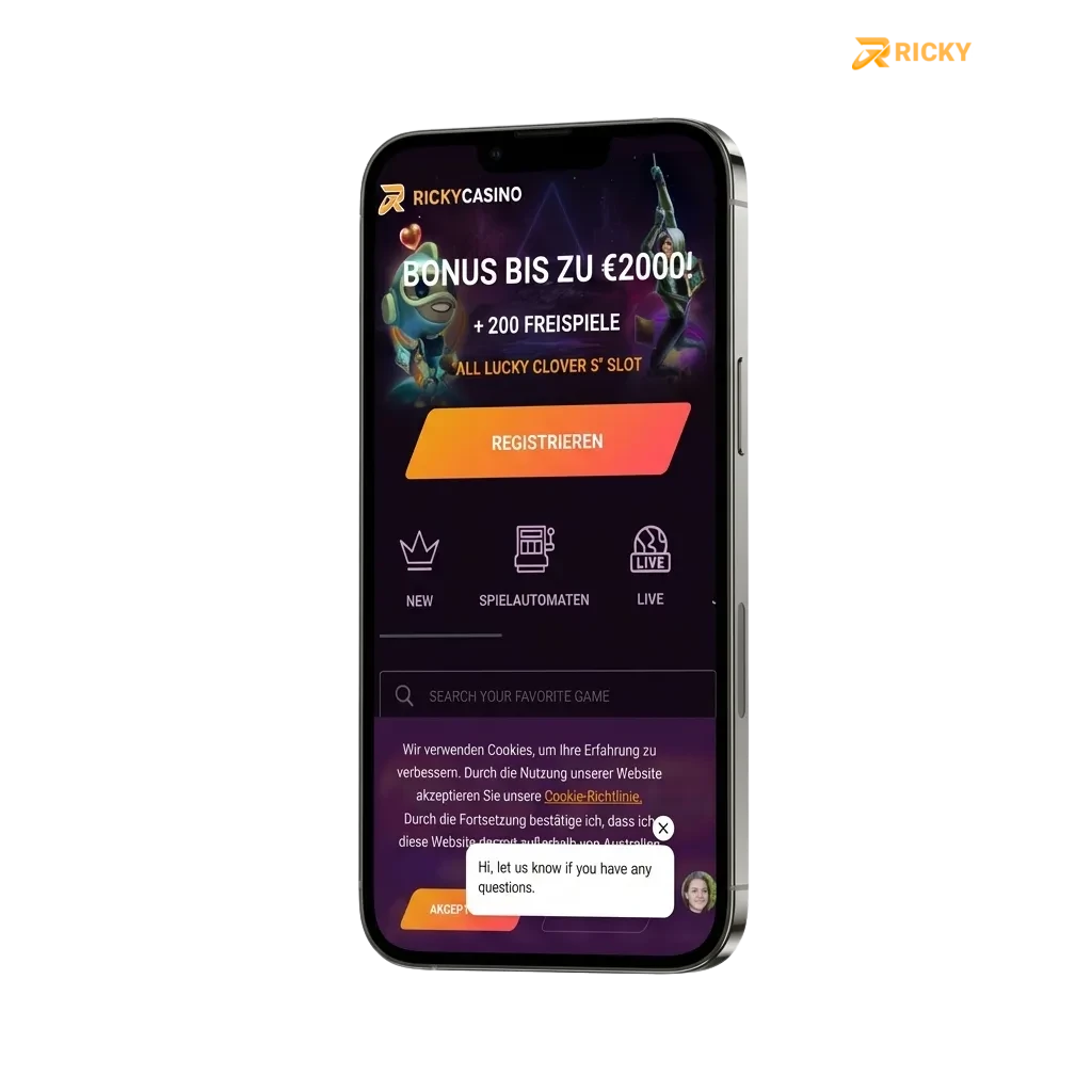 Ricky Casino app promo showing AU$7,500 bonus, 550 free spins, and payment options for Australian mobile players