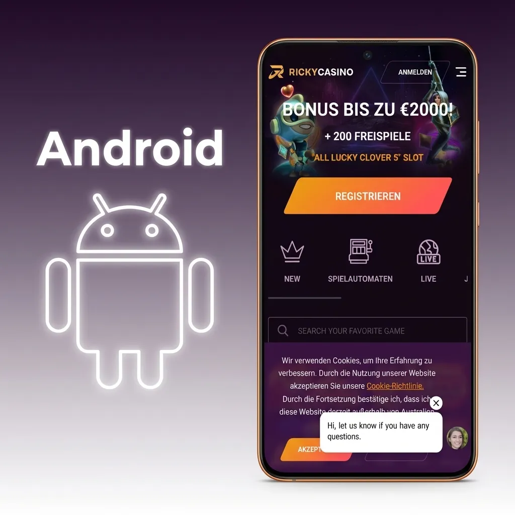 Illustration of an Android phone downloading and installing the Ricky casino APK from the official website