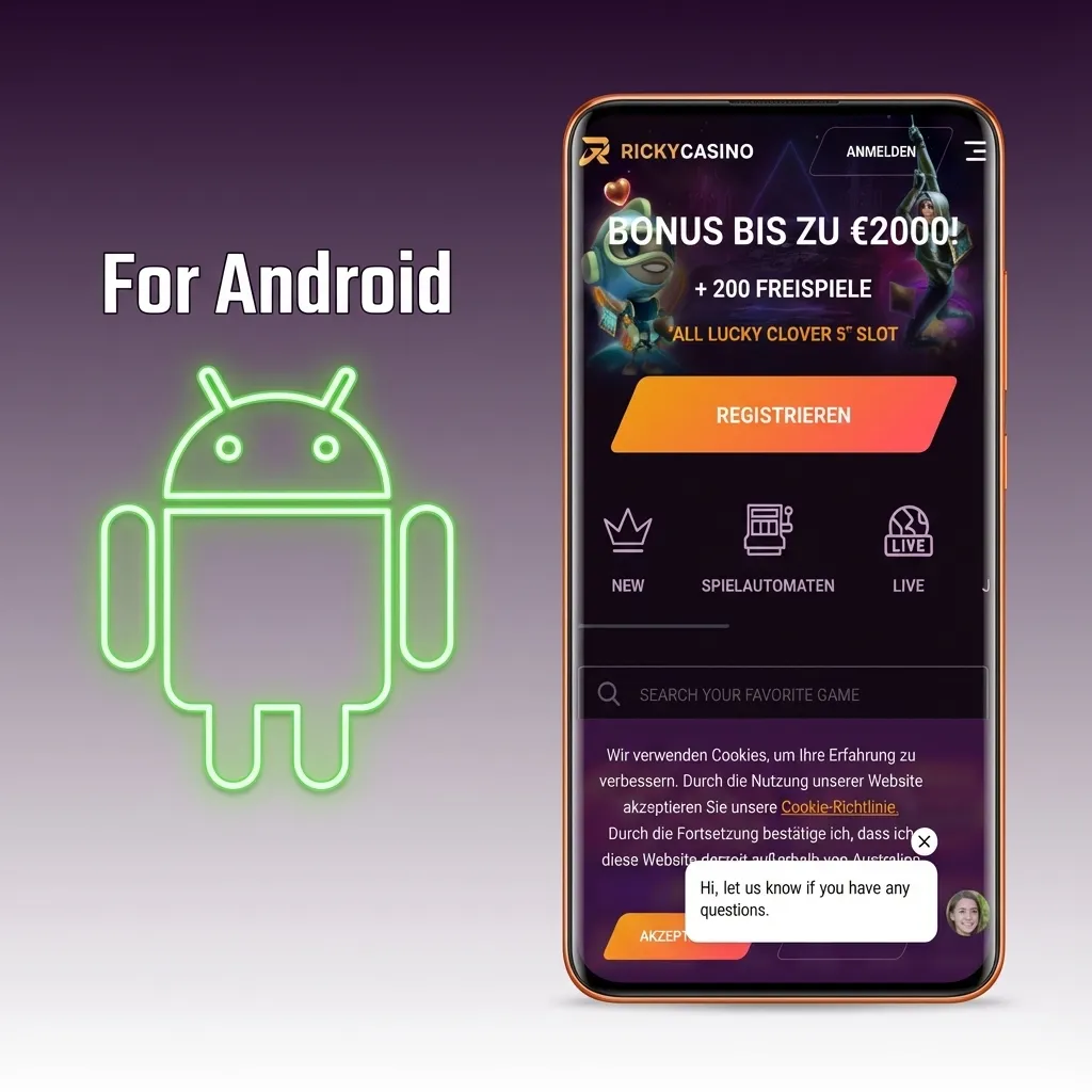 Illustration of installing Ricky casino APK on an Android phone, from download to login and mobile gaming interface