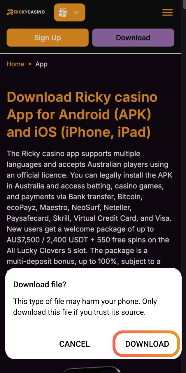 Confirm the browser prompt so the Ricky Casino APK file can save to your device.