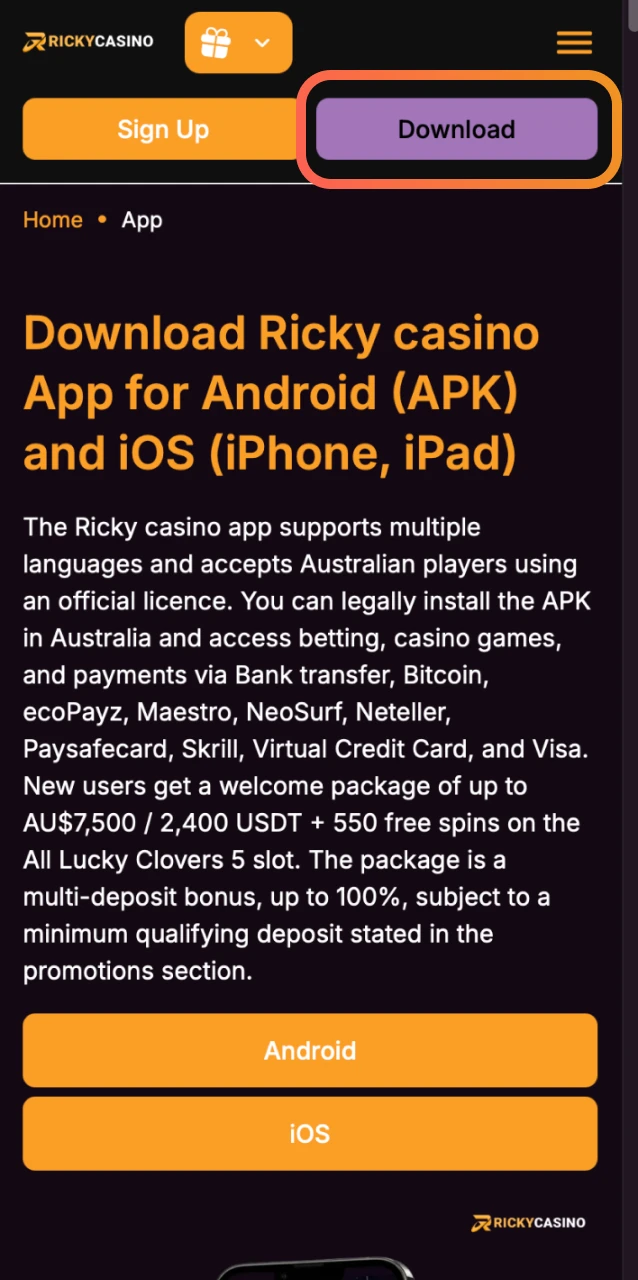 Tap the button below to download the latest Ricky Casino APK file to your Android.