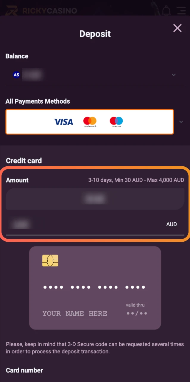 Input your deposit amount and add a bonus code on the Ricky Casino deposit page.