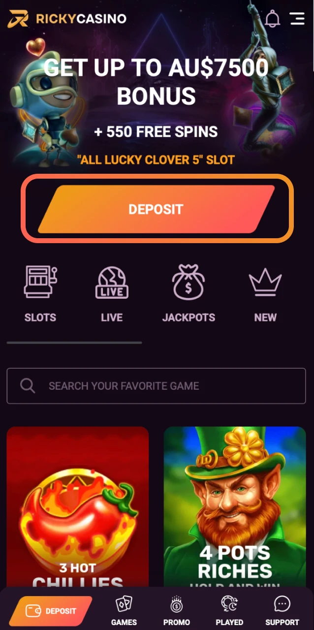 Log into Ricky Casino on your mobile browser and tap the Cashier or Deposit button.