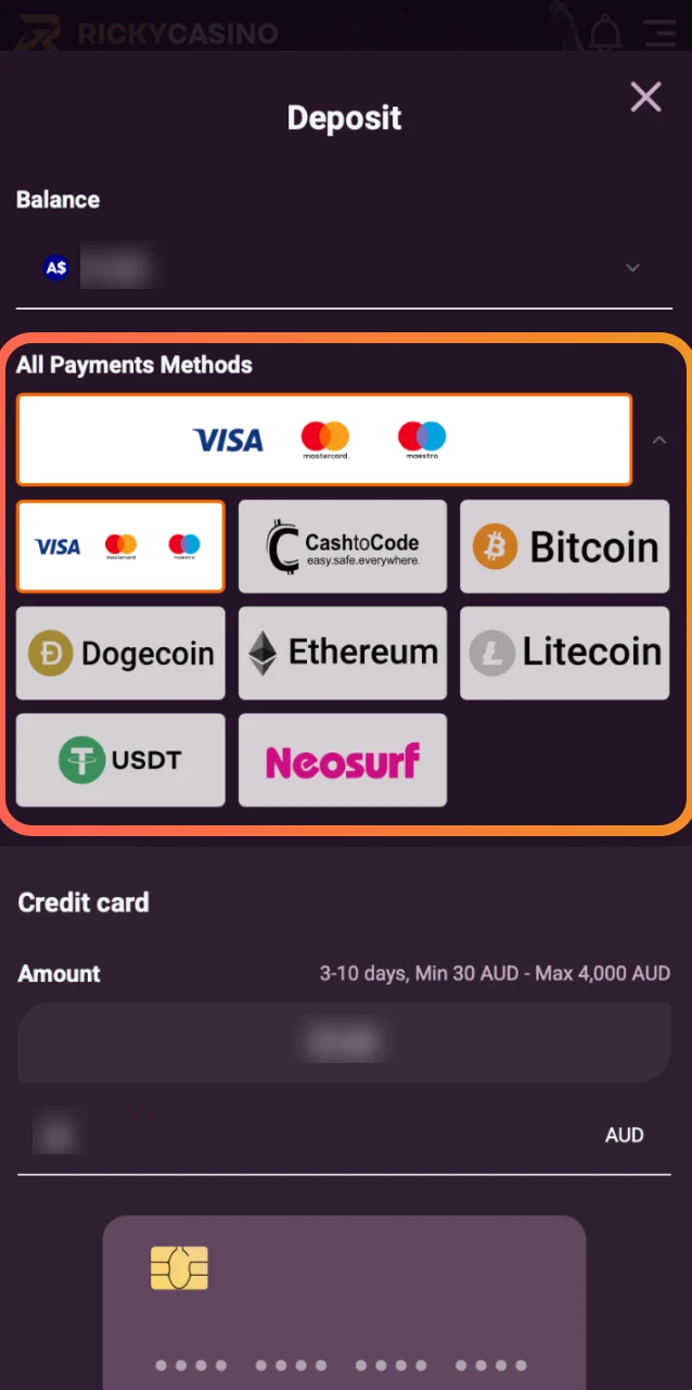 Choose from options like Visa, Neteller, Skrill, or Bitcoin for your Ricky Casino deposit.