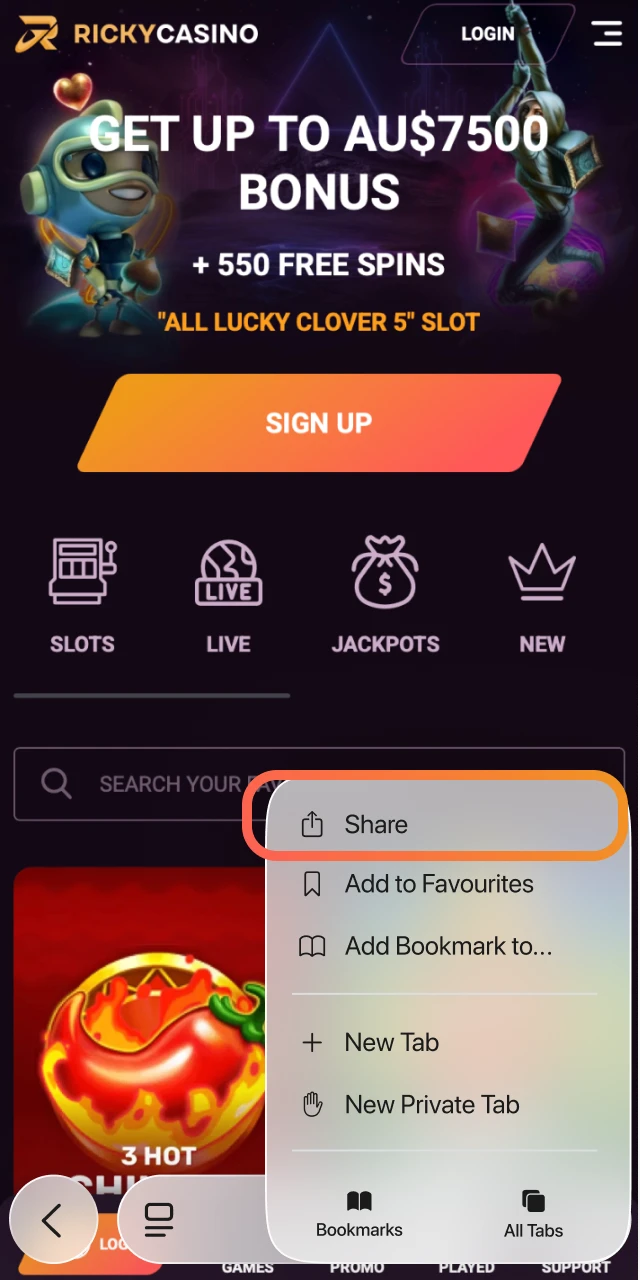 Tap the share icon in Safari and select Add to Home Screen for Ricky Casino.