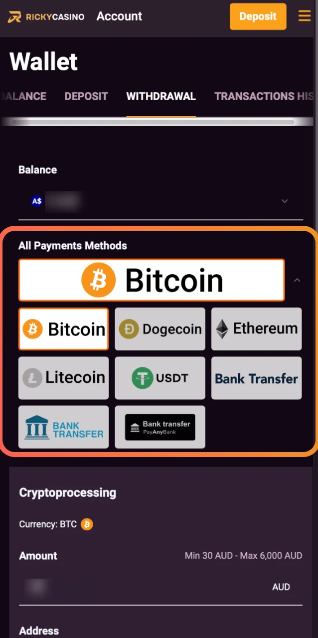 Select your withdrawal option like Bank Transfer, Bitcoin, Skrill, or Neteller at Ricky Casino.