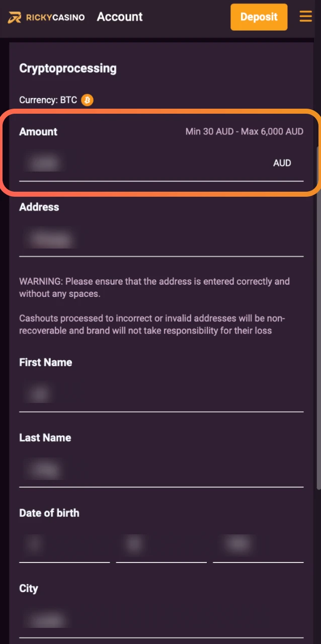 Input the amount to withdraw and verify your account details on the Ricky Casino form.
