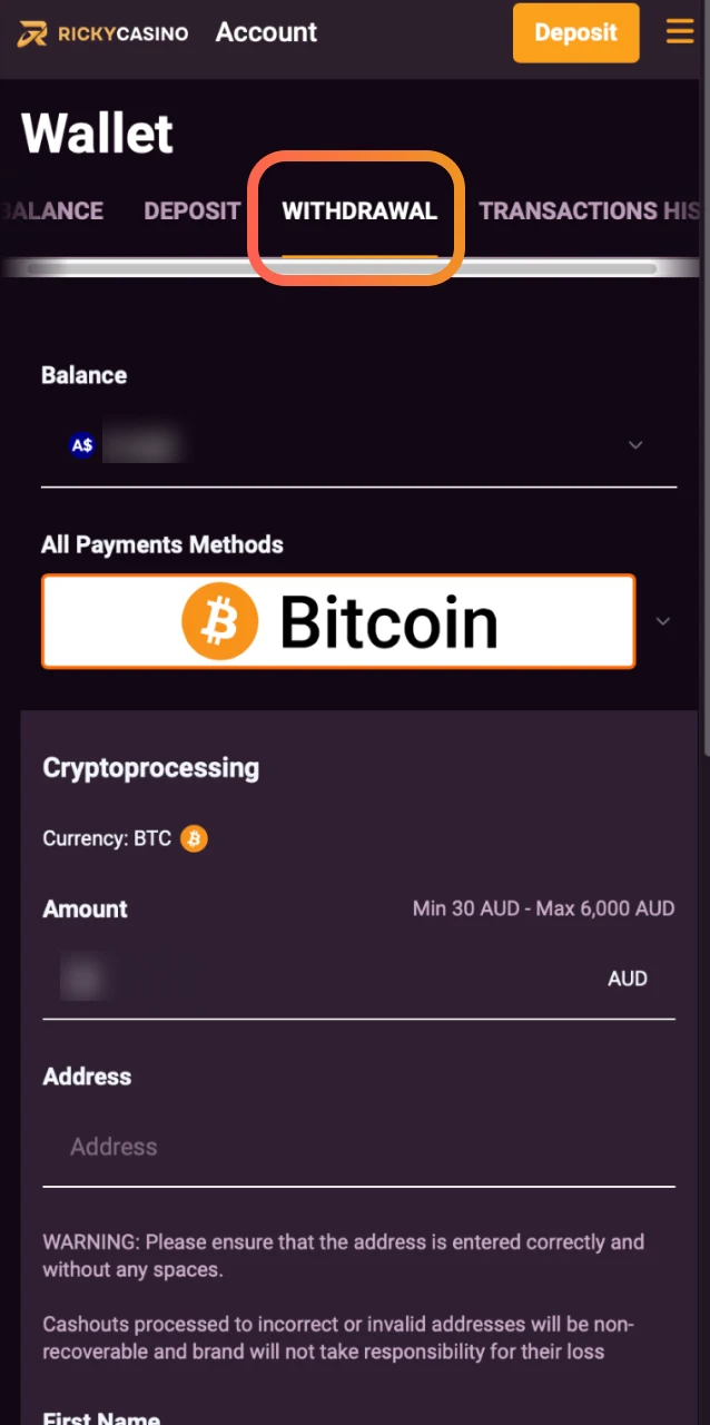 Log into Ricky Casino and navigate to the withdrawal section from your mobile device.