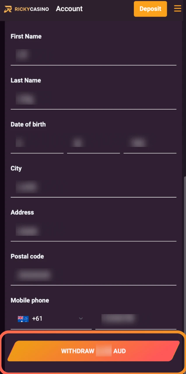 Submit your withdrawal request and monitor its status in Ricky Casino transaction history.