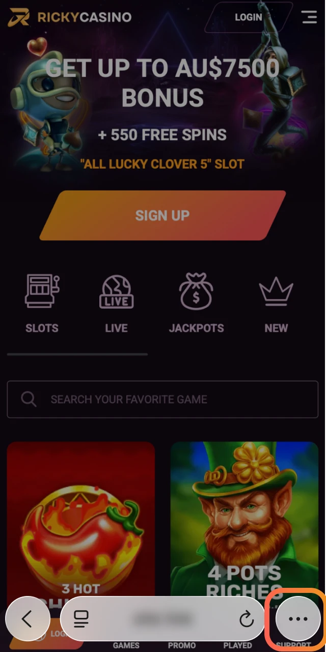 Scroll down the Ricky Casino page and tap the iOS prompt for web app installation.