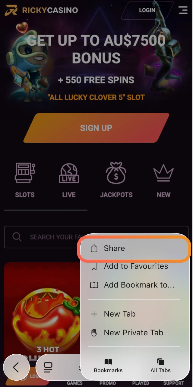 Tap the Share icon in the Safari toolbar to open sharing options for Ricky Casino.