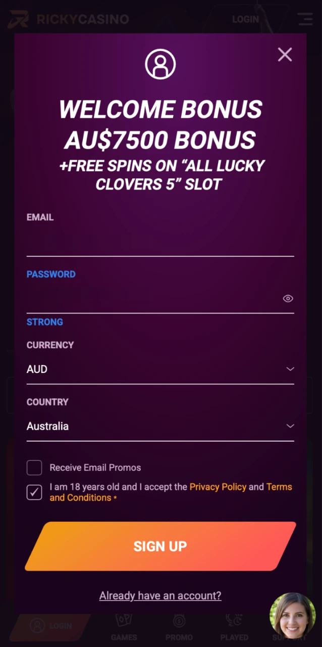 Click Visit, fill in your email and details, and confirm registration at Ricky Casino.