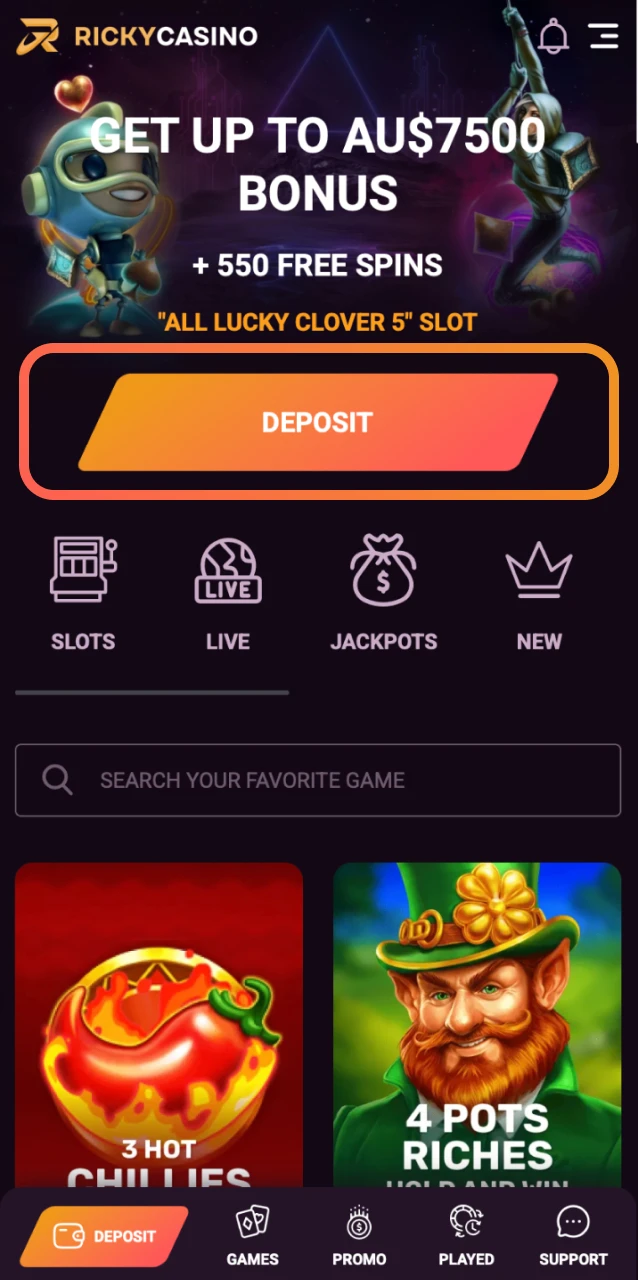 Open the promotions section in your Ricky Casino account and opt into the welcome bonus.