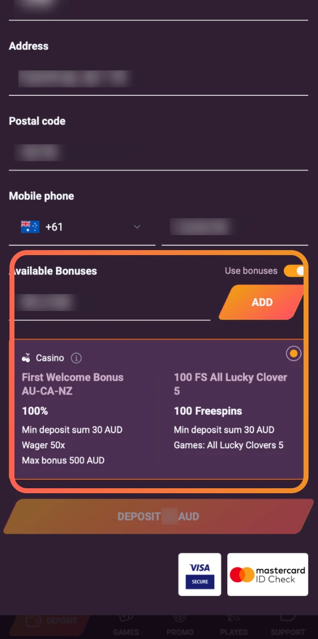 Enter the promo code before confirming your deposit to claim the Ricky Casino welcome bonus.