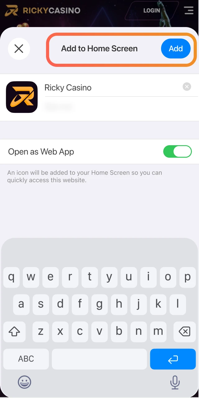 Choose Add to Home Screen, adjust the name, and confirm to create the Ricky Casino shortcut.