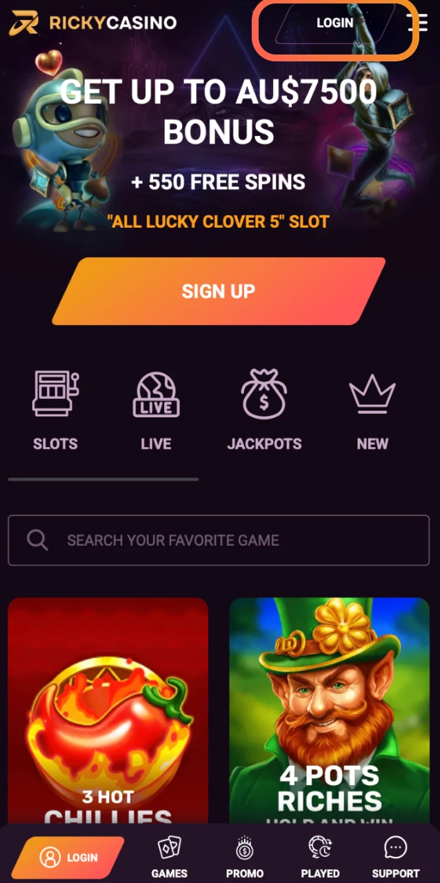 Use the link on this page to go to the official Ricky Casino site or app download page.