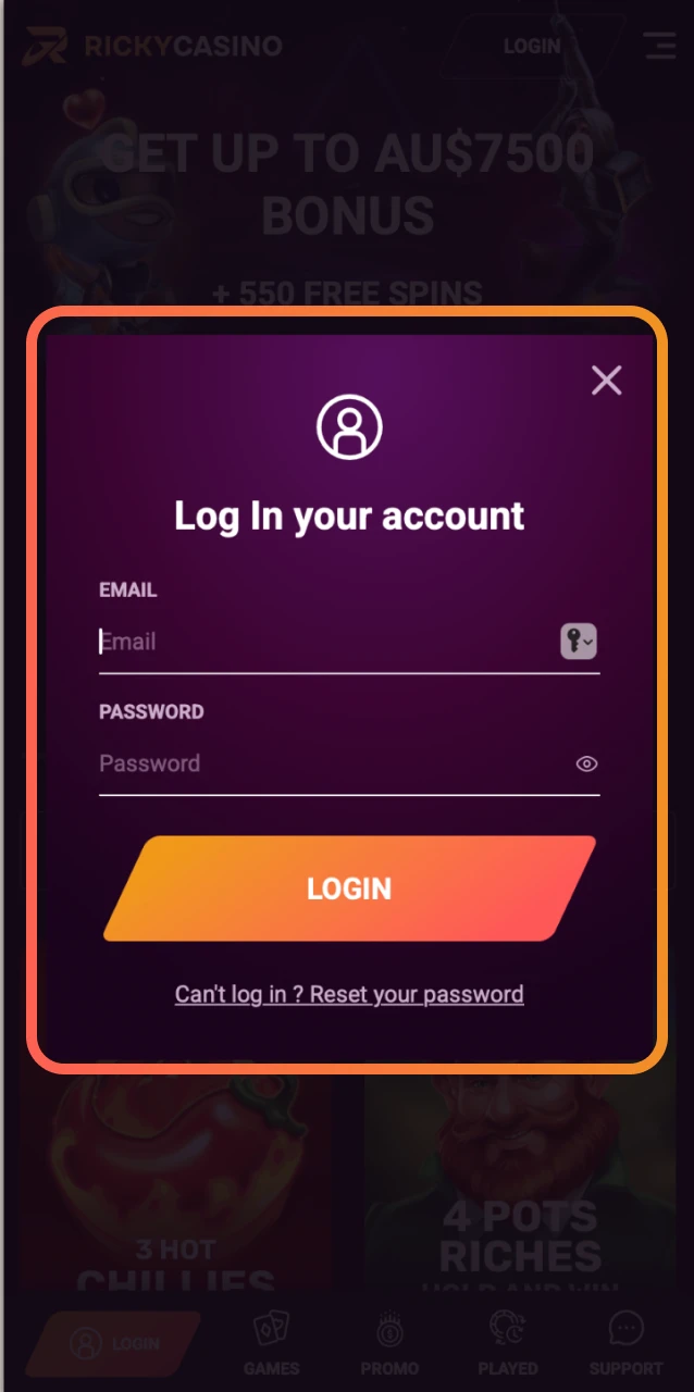 Tap or click Sign in on the Ricky Casino home screen to open the login form.
