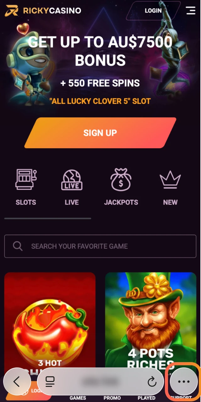 Tap the share icon at the bottom of Safari to open more options for Ricky Casino.