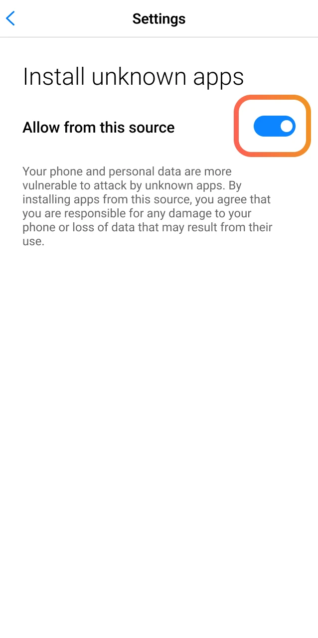 Enable installs from unknown sources in Android settings to install the Ricky Casino app.