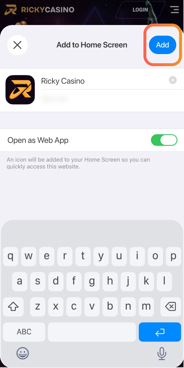 Tap the Share icon in Safari and choose Add to Home Screen for the Ricky Casino web app.