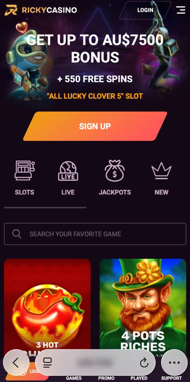 Open Safari on your iPhone and go to the Ricky Casino homepage to set up Mines.