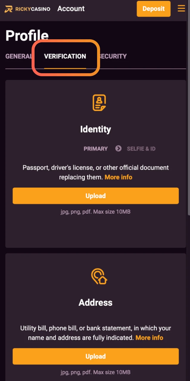 Upload your ID documents to verify your account at Ricky Casino for secure play.