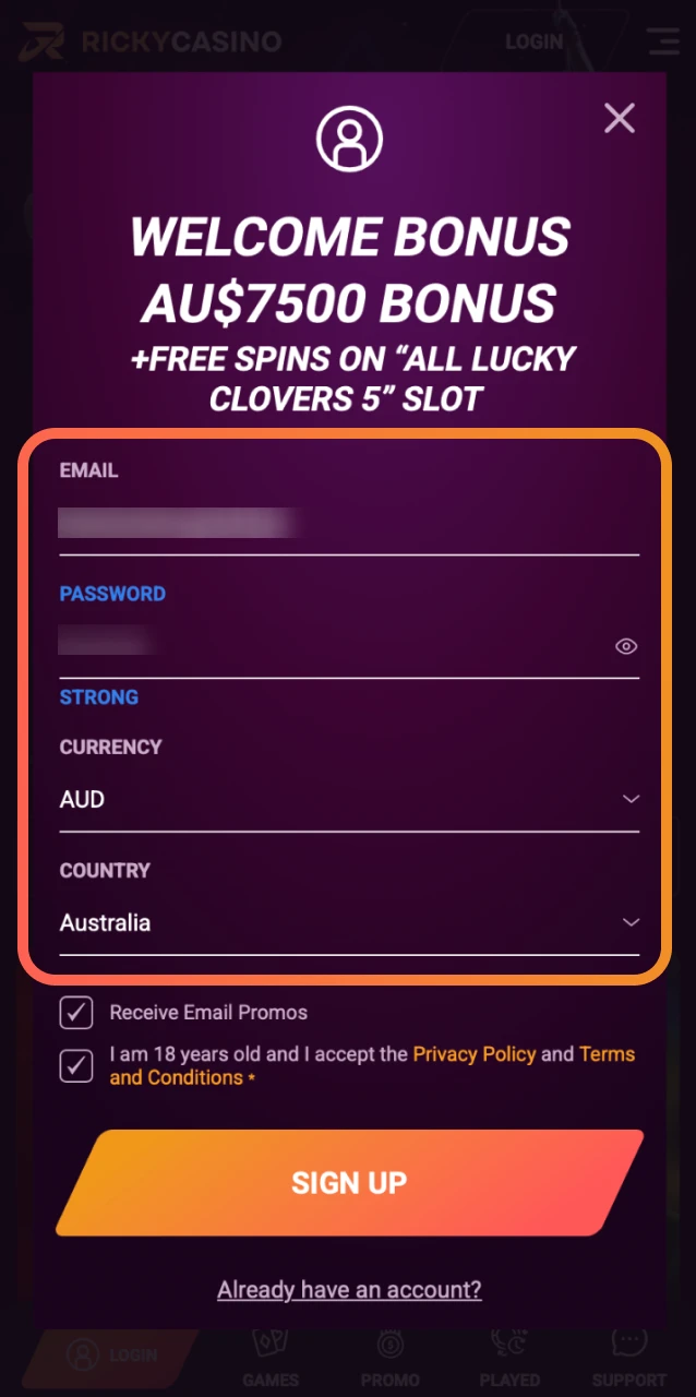Fill in your email, create a password, and accept the terms on the Ricky Casino app.