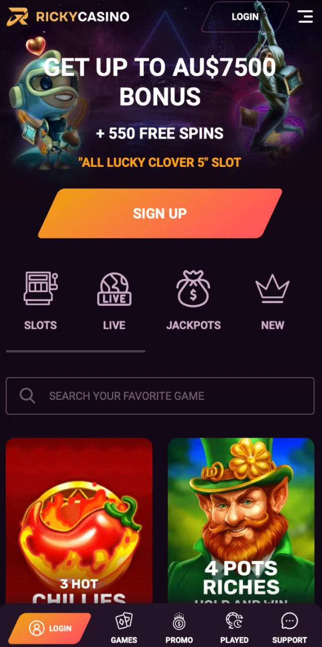 Install the official Ricky Casino app from the download link, then launch it on your mobile.