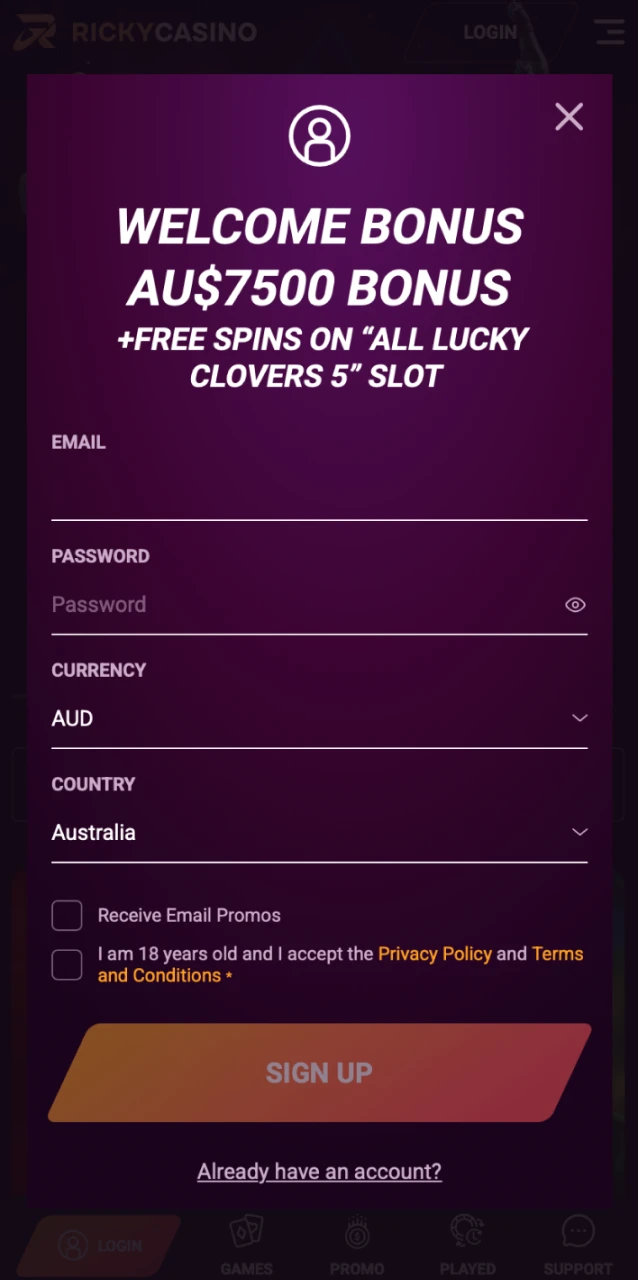 Choose email, one-click, or social account registration in the Ricky Casino app.