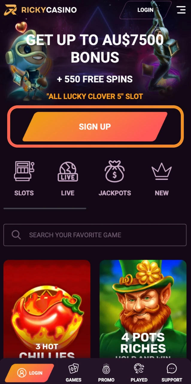 Tap the registration button on the Ricky Casino app home screen to open the sign up form.