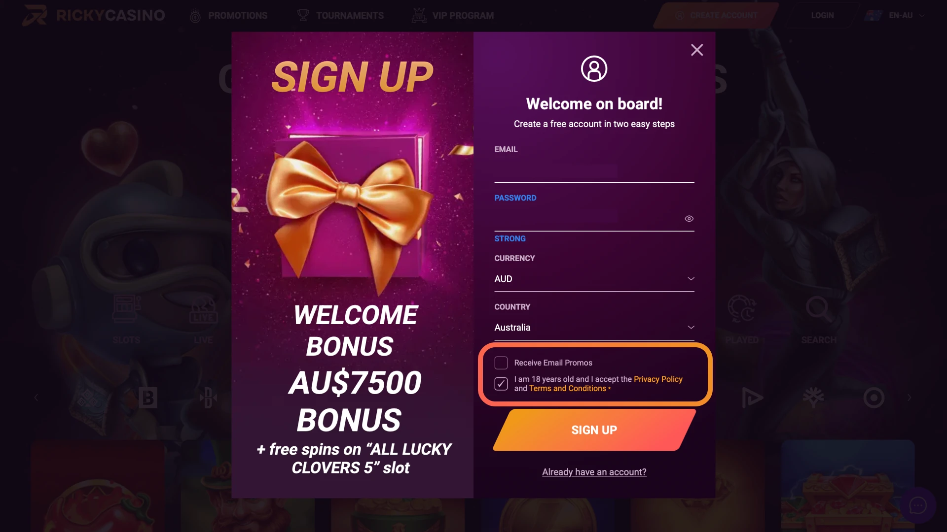 Open the confirmation email or SMS to activate your new Ricky Casino account.