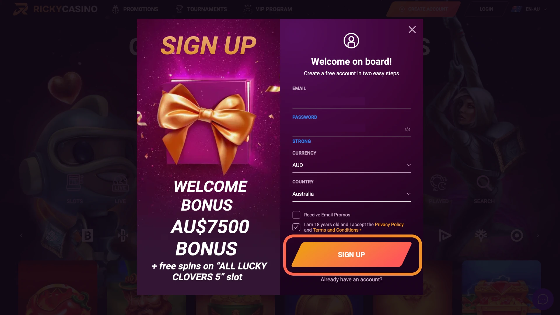 Sign in to Ricky Casino, add your profile details, and make your first deposit.