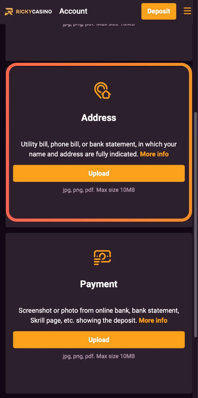 Provide a recent utility bill or bank statement to confirm your address for Ricky Casino.