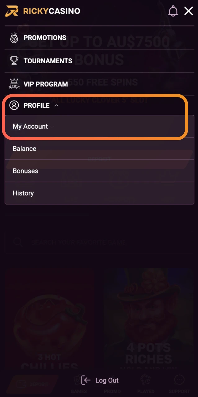 Complete your Ricky Casino profile with your full name, date of birth, and address.