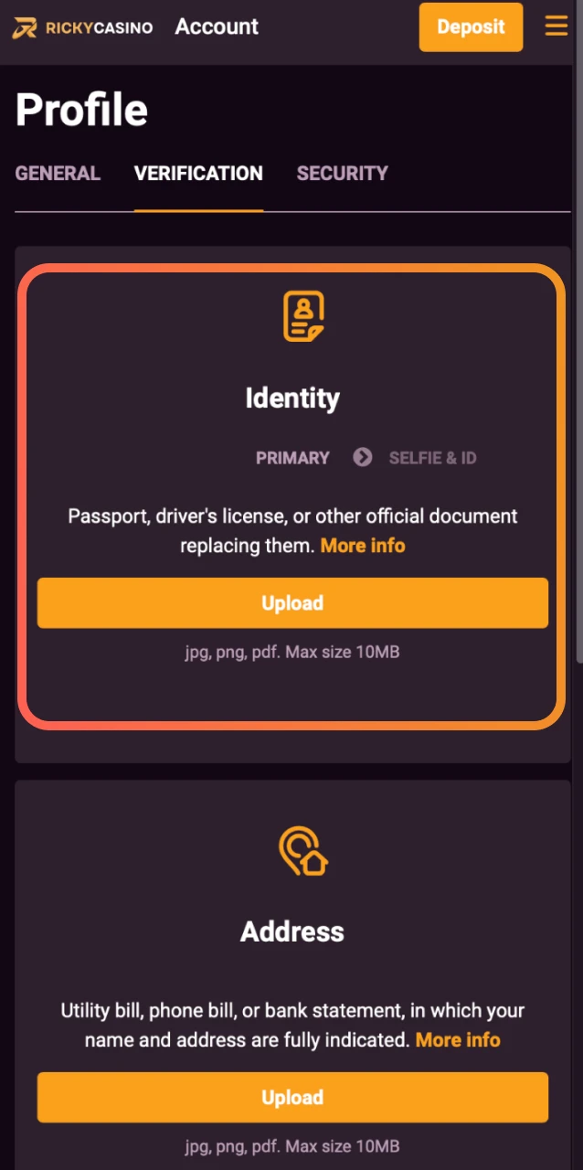 Upload a clear photo of your Australian driver licence or passport for Ricky Casino verification.