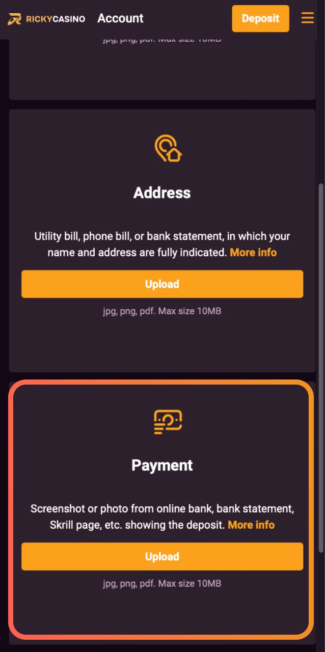 Upload proof of ownership for your payment method used at Ricky Casino.