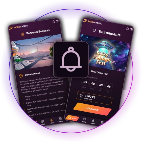Turn on push notifications in the app for custom Ricky Casino bonuses.