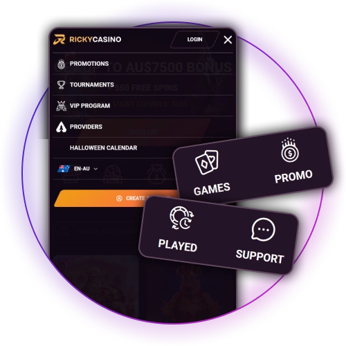 Switch between Ricky Casino betting markets and casino games in the app.