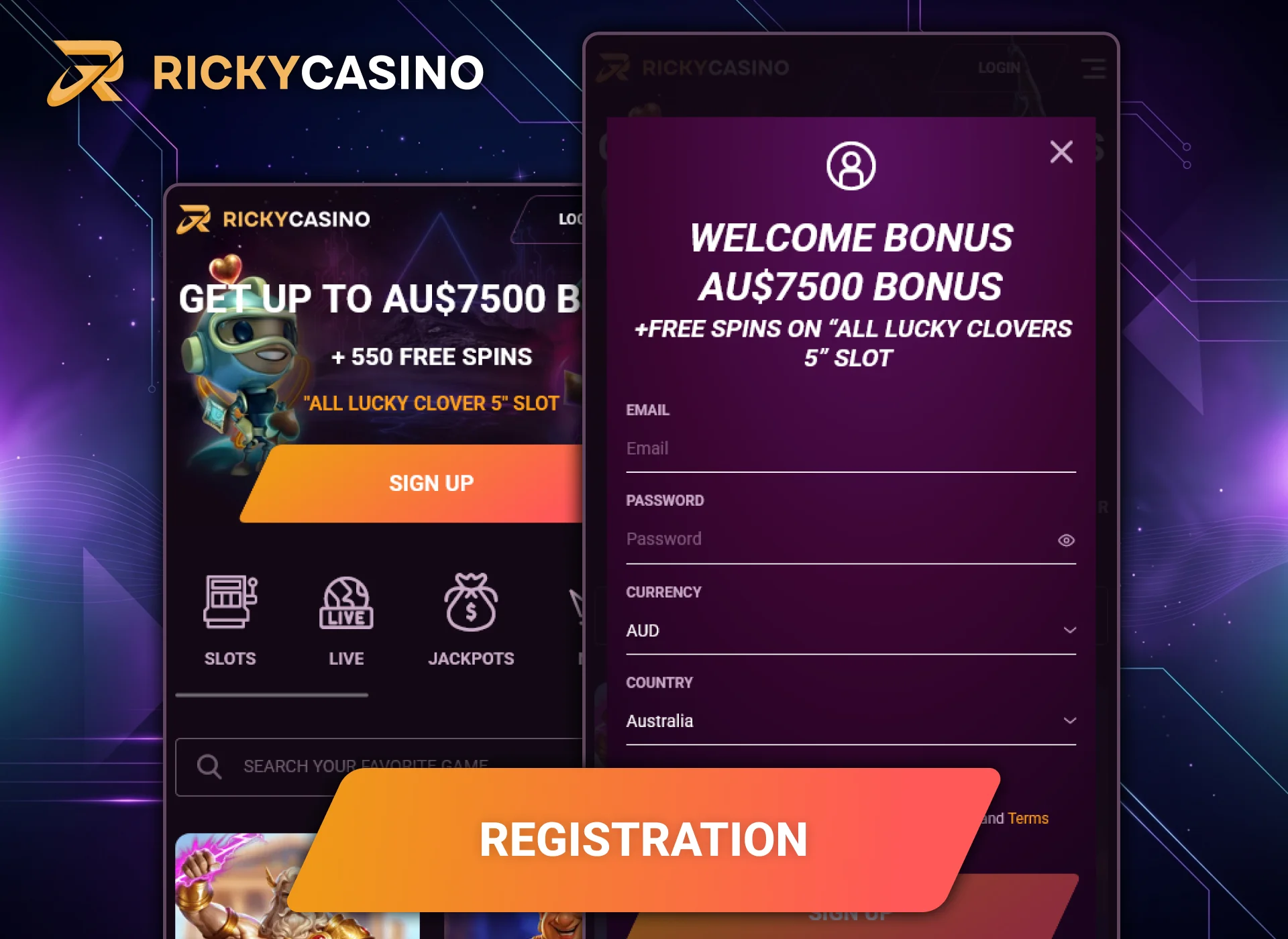 Register at Ricky Casino to access your personal app profile.
