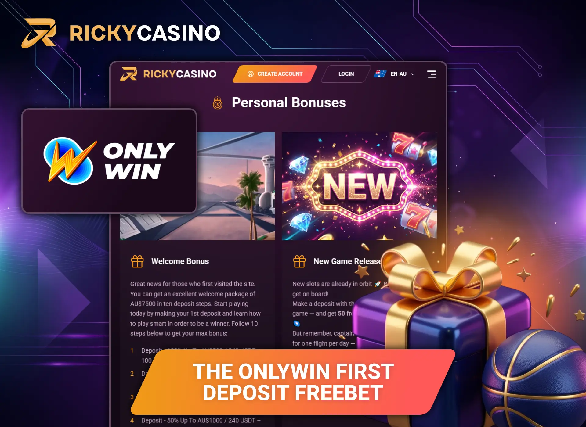 Activate the OnlyWin freebet bonus for sports betting at Ricky Casino.