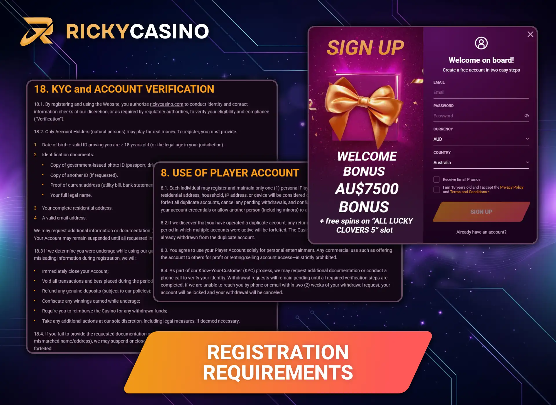 Check Ricky Casino registration rules before setting up your personal account.