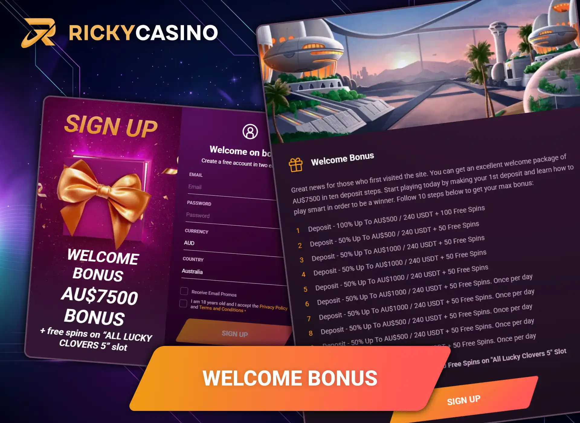 Claim a generous welcome bonus after your Ricky Casino registration.